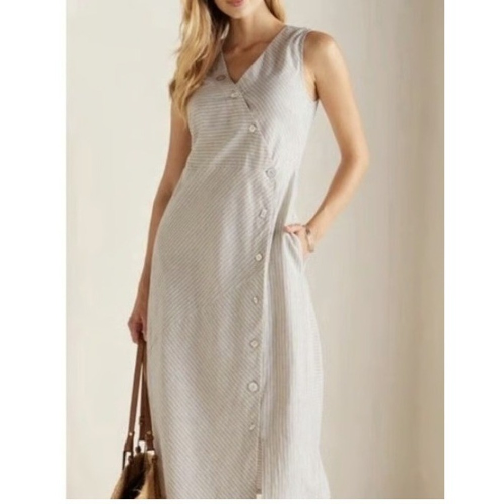 Soft Surroundings Dress Womens XL Tan Striped Hemp Cotton Asymmetric Button Midi - Picture 3 of 12